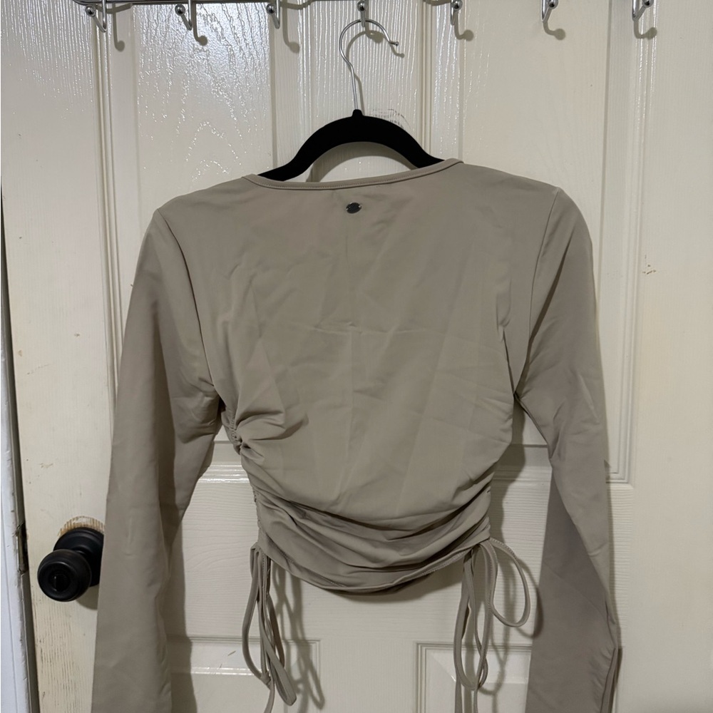 Foxy Jeans Taupe Ruched Square Neck Long Sleeve Top | Size S - Picture 9 of 12